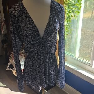 Daytrip Navy and White Floral Long-Sleeve Wrap Blouse